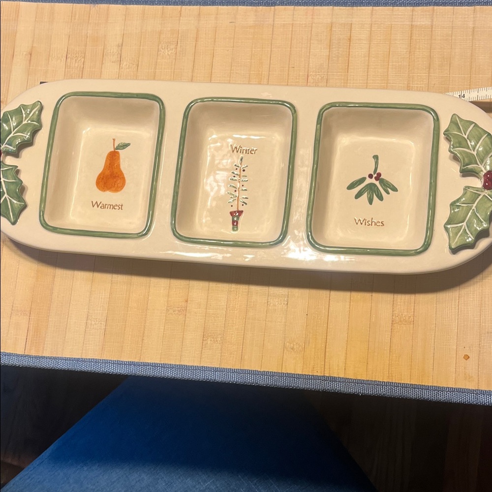 NWOB! Festive Ceramic Serving Tray with Green and Cream Accents